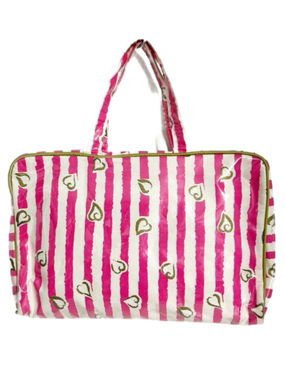 Victoria’s Secret Y2K Cream Pink Stripe Hearts Travel Toiletry Cosmetic Bag Gold